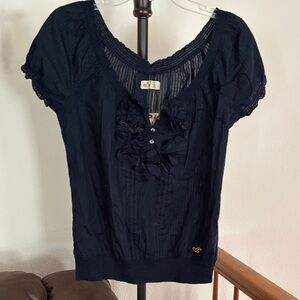 Hollister Dark Blue Blouse with Floral Accents